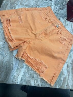 Pink Lily Orange Distressed High-Rise Jean Shorts